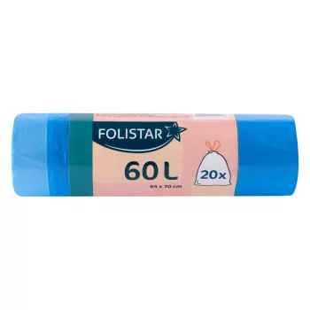   Folistar HNAT szemeteszsák 64x70cm, 60 literes HDPE, kék, szalagos, 20 darab/tekercs