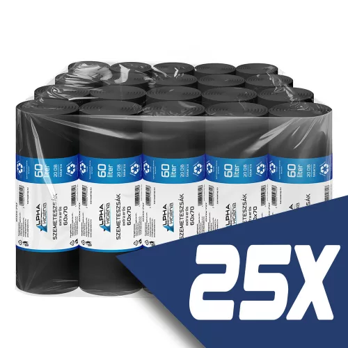 Szemeteszsák fekete 60x70 15mikron 60L 20db/tekercs (25 tekercs)
