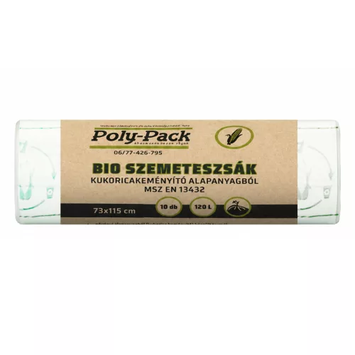 Kukoricakeményítő alapú (EN13432) PLA zsák 730x1150x0,03mm, 120L, 10 darab/tekercs