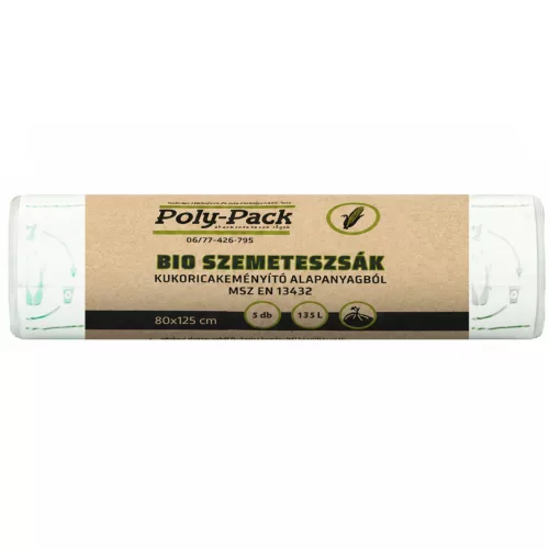 Kukoricakeményítő alapú (EN13432) PLA zsák 800x1250x0,03mm, 135L, 5 darab/tekercs