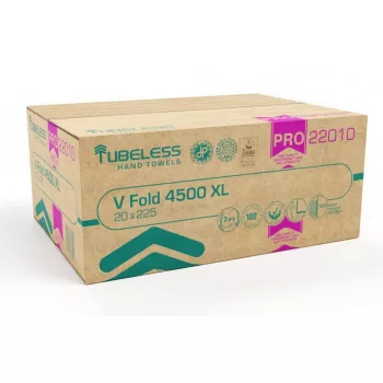   Tubeless V Hajtogatott kéztörlő 2 rétegű, fehér, 100% cellulóz, 25x21cm, 20x225 lap, 4500 lap/karton